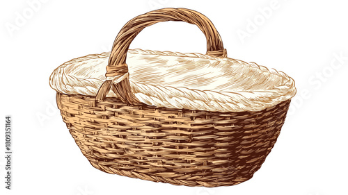 Wicker Basket with Handle on White Background - Professional Drawing for Creative Projects