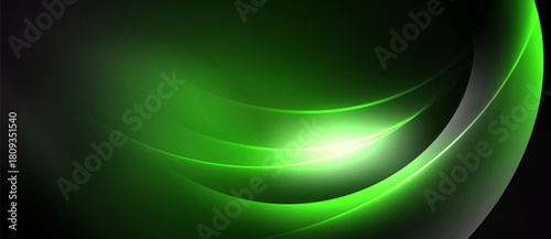 Abstract green waves, bright center glow. Dark background creates dramatic visual effect. Smooth curves suggest movement, energy.