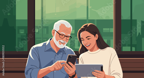 Senior man and young woman smiling while looking at tablet and phone.