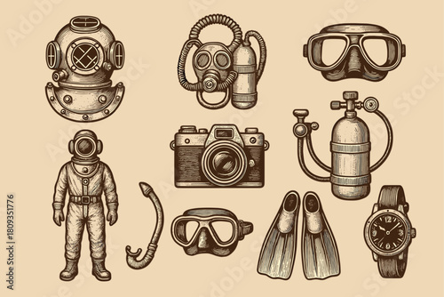 Vintage Deep-Sea Diving Equipment Illustrations Set