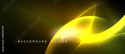 Dark backdrop features vibrant yellow neon curves. Light radiates from central point, creating dynamic visual effect. Modern design element.