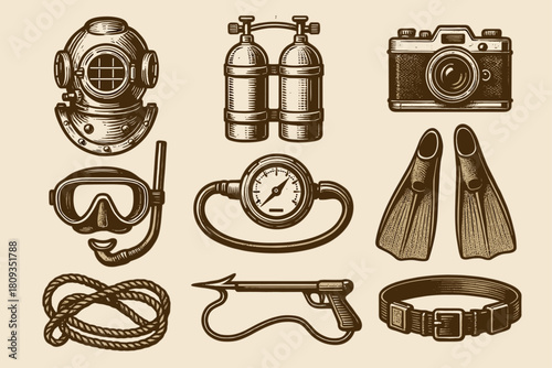 Vintage Scuba Diving Equipment Illustrations Set