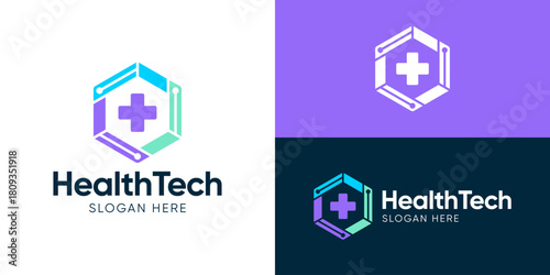 Creative modern health tech logo template. Cross plus with hexagon technology circuit symbol, Medical tech logo design vector illustration.