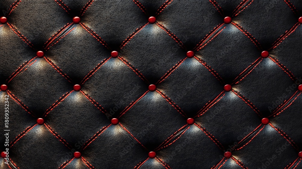 Obraz premium Luxurious Black Leather Upholstery with Red Accent Stitching in Diamond Pattern for Elegant Interior Design