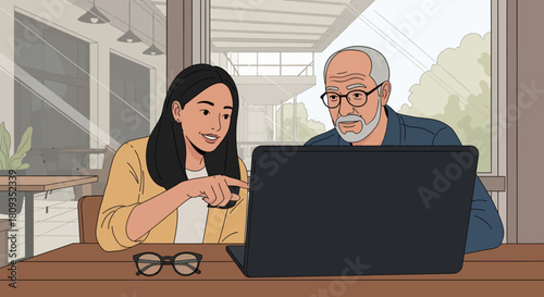 Woman points at laptop screen while sitting with older man in cafe.