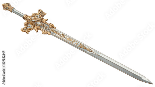Elegant Gold Sword on White Background with Outline Isolated Vector
