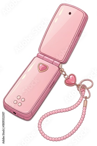 Pink flip phone with charm strap, retro aesthetic, transparent PNG