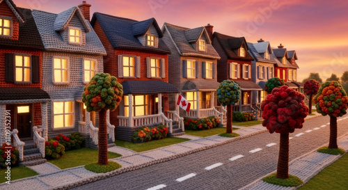 Fototapeta Naklejka Na Ścianę i Meble -  Crocheted neighborhood street with colorful houses and trees at sunset, handmade cozy city scene for creative design concept.