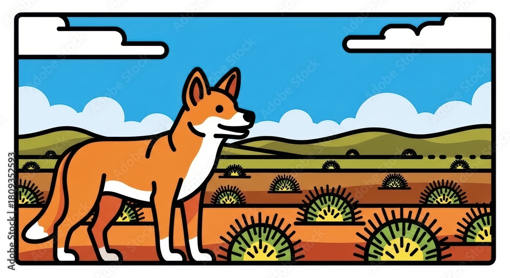 Obraz premium Illustrated fox in desert landscape with cacti and clouds on sunny day