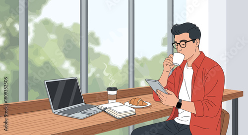 Illustration of a man with tablet, coffee, and croissant at a cafe.