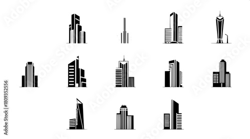 A professional black-and-white icon compilation featuring nine unique skyscraper designs, displayed in a tidy 3x3 grid, using strong geometric shapes, minimal detail, and an even, shadowless aesthetic
