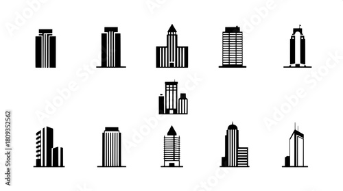 A professional black-and-white icon compilation featuring nine unique skyscraper designs, displayed in a tidy 3x3 grid, using strong geometric shapes, minimal detail, and an even, shadowless aesthetic