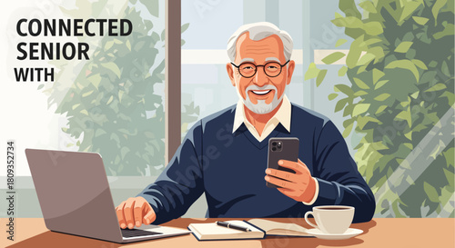 Smiling senior man with laptop and phone working from home office.