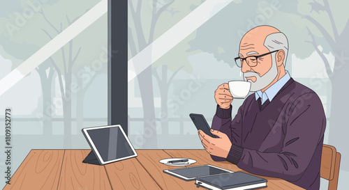 Older man drinks coffee and uses his phone at a wooden table.