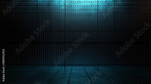 Dark futuristic metallic backdrop with a blue ambient glow highlighting texture and depth, suitable for high-tech presentations or industrial-themed designs.