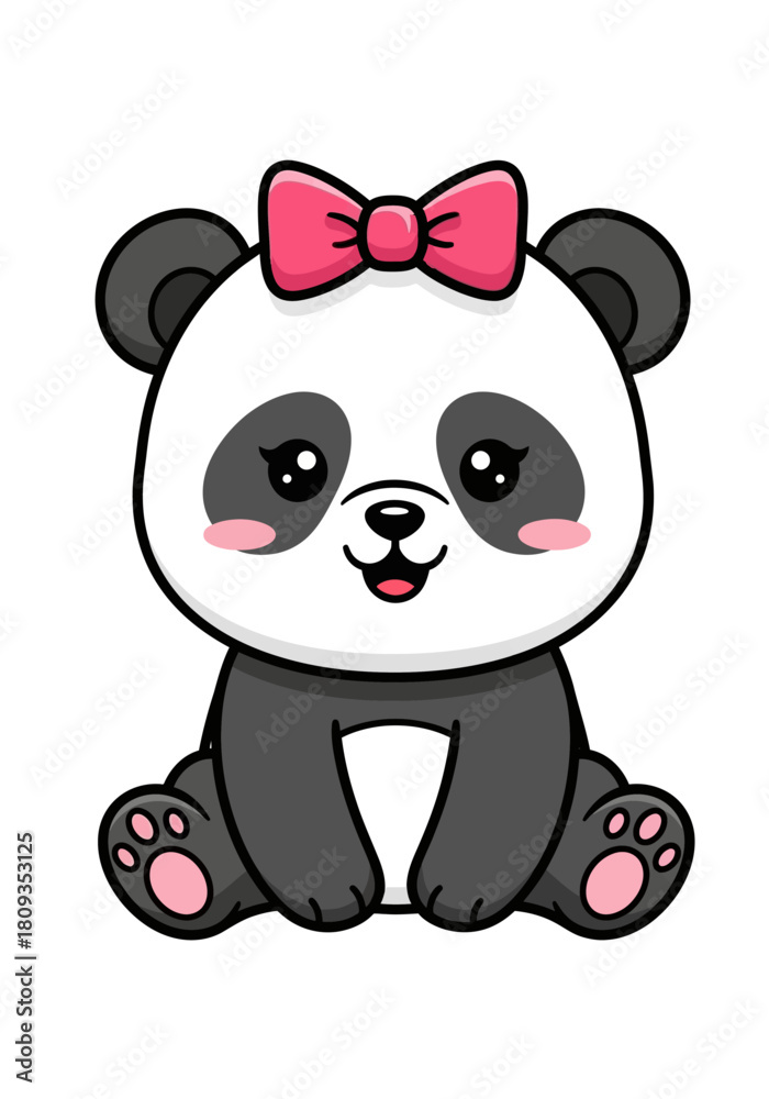 Naklejka premium Cute Baby Panda with Pink Bow Vector Clipart Kawaii Sticker