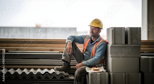 Relaxed construction worker taking a break enjoying sandwich at building site embodying work-life balance and industry appreciation