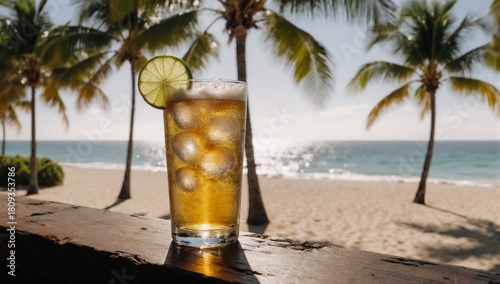 Fototapeta Naklejka Na Ścianę i Meble -  Glass of cold beer with lime slice on a wooden bar overlooking a blurred beach and palm trees
