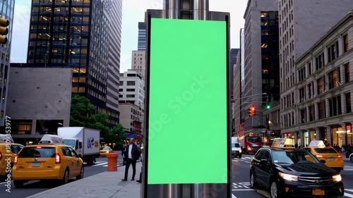 New York city bus stop with vertical digital billboard mockup green screen.