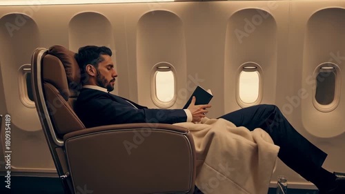 Executive relaxing in business class seat with blanket, reading book.