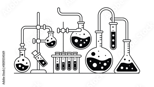Laboratory glassware setup with diverse beakers, flasks, and test tubes for scientific experiments.