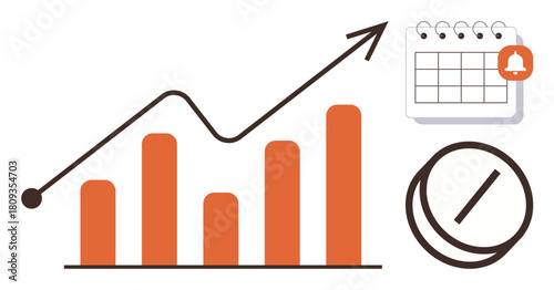 Bar graph with upward trendline, calendar reminder icon, and clock overlays concepts of growth, progress, planning, time management, and goal tracking. Ideal for leadership, productivity scheduling
