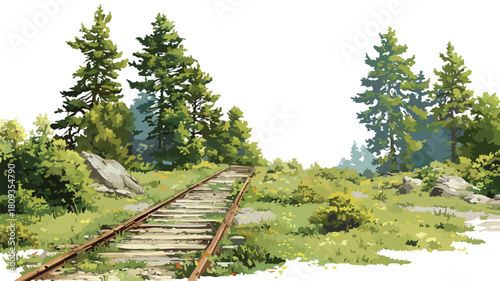 Serene Landscape Painting of Railroad Track and Trees in Nature
