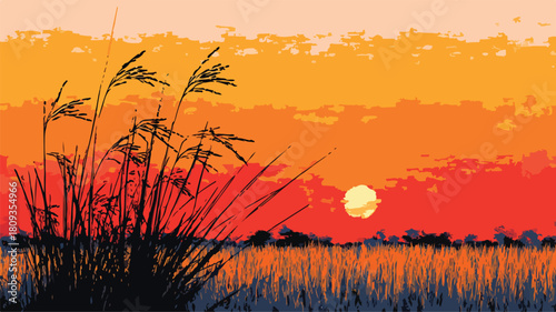 Scenic Rice Field Sunset Painting for Creative Projects