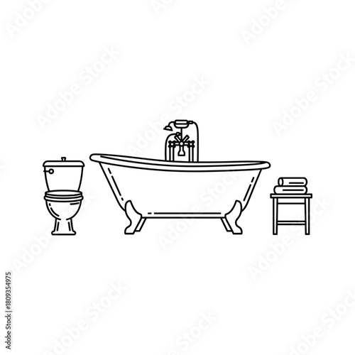 Elegant bathroom interior featuring a classic clawfoot tub, toilet, and towel stand isolated on
