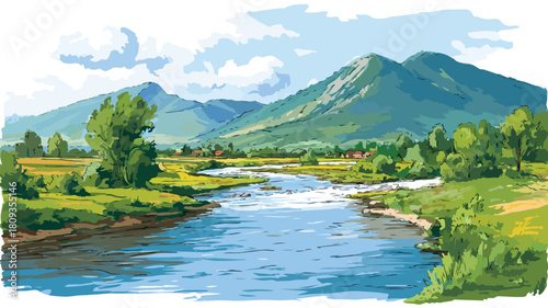 mountain landscape with lake and mountains