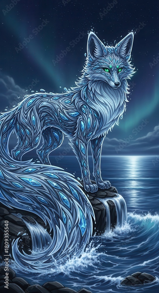 Fototapeta premium Mythical crystalline fox stands on coastal rocks under a starry night sky illuminated by aurora