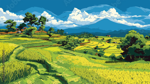 Serene Landscape Painting of Rice Fields, Trees, and Mountain