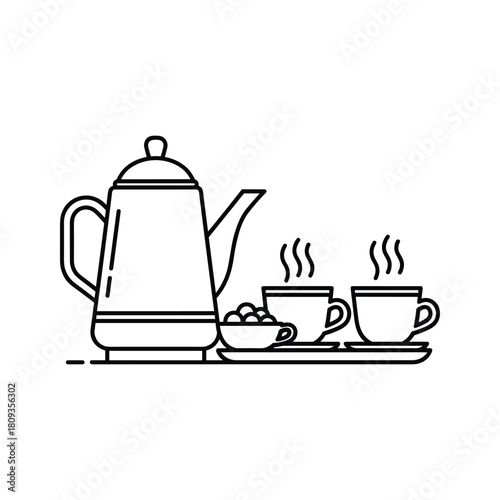 Elegant line art illustration of a coffee pot, cups, and a bowl isolated on