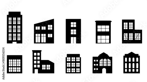 Nine distinct modernist architectural symbol icons, each representing a unique building form, are presented in a tidy grid layout, featuring solid black silhouettes with intricate white window pattern