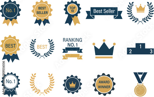 Elegant navy blue and gold award icons featuring medals, ribbons, crowns, and laurel wreaths. Perfect for ranking systems, achievement badges, best-seller labels, and premium product highlight