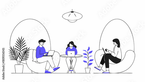 Three people working on laptops in a modern setting with plants and a hanging light fixture