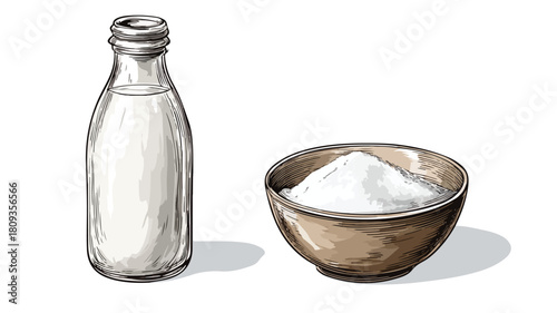 Elegant Bottle of Milk and Bowl of Sugar Vector Illustration for Culinary Concepts