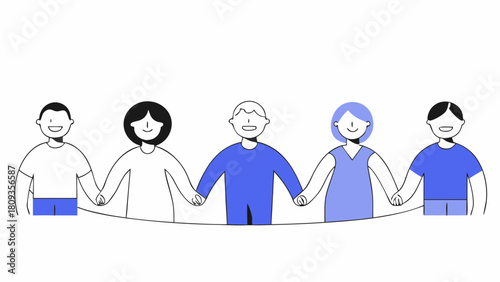 Five diverse people holding hands in a line representing unity and collaboration in a simple illustration