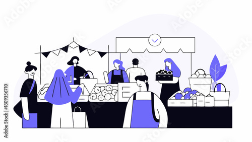 People shopping at a farmer's market with various vendors and fresh produce on display in a vibrant scene