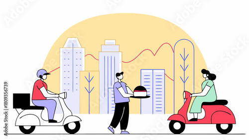 Illustration of delivery people on scooters and a man holding a food tray in a cityscape scene