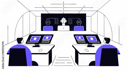 Illustration of two people in a control room monitoring screens with robot faces on a large display