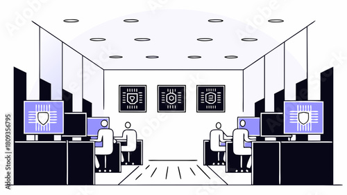 Cybersecurity control room with analysts monitoring data on computers and security themed wall art