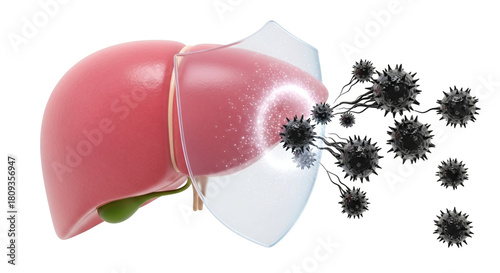 3D visualization of liver with transparent shield blocking cancer cells, medical protection and health defense