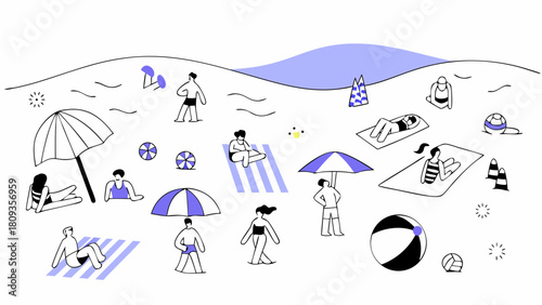 Illustration of a beach scene with people relaxing, sunbathing, and enjoying summer activities on the sand