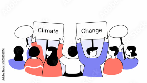 People demonstrating with climate change signs and blank signs in a crowd of protesters outdoors