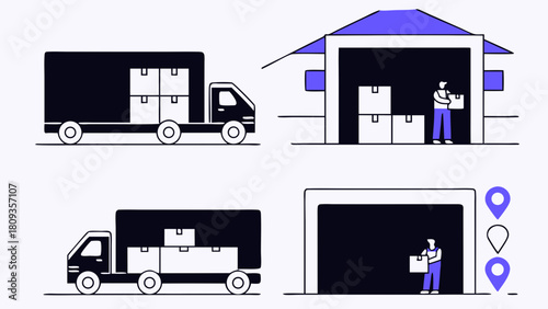 Illustration of delivery trucks, warehouses, and workers moving boxes for shipping and logistics services