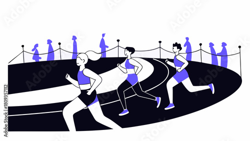 Three female runners compete on a track with spectators watching from behind a rope barrier in the background