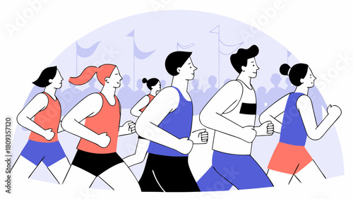 A group of runners participating in a marathon race with spectators and flags in the background scene