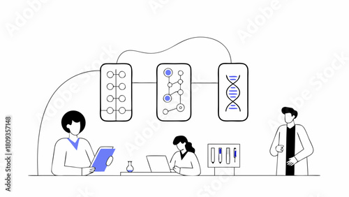 Illustration of scientists working in a lab with dna and molecule diagrams connected by a line