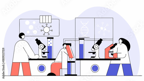 Scientists working in a laboratory with microscopes and test tubes doing research and experiments